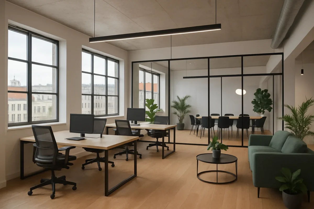 Nowoczesna przestrzeń coworkingowa w Polsce z dużymi oknami, ergonomicznymi biurkami i minimalistycznym wystrojem w kreatywnej dzielnicy miasta.